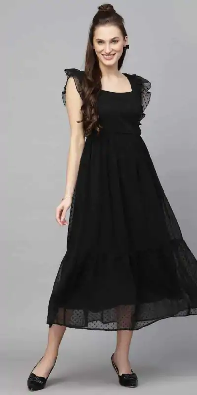 INLI Trendy Black in Georgette Butti Designer Gown . Wedding, Party, Festive Affordable Price ₹1399. Delivery 4-6 Working Days. Shop now. | Gowns, Bollywood Gowns, Creative Gowns, Designer Gowns, Embroidered Gowns, Party Wear Gowns