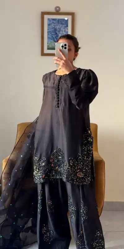 SRK 5267 Black Pure Natural Crep Silk with Embroidery Work Salwar Suit . Exclusive Offer ₹1949. Delivery 4-6 Working Days. Shop now. | Jump Suits, Salwar suit, Casual Suits, Creative suits, Designer Suits, Palazzo Suits, Party Wear Suits, Patiala Suits, Straight Suits