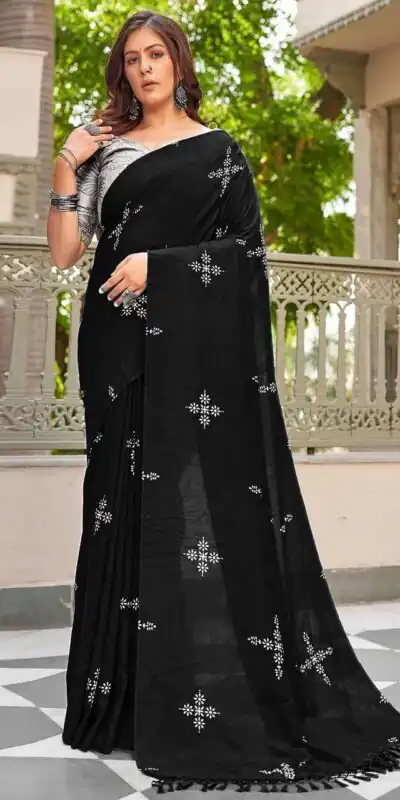 BT 1104 Black Natural silk with Thread Embroidery & Embroidery Work Saree . Now at just ₹1549. Delivery 4-6 Working Days. Shop now. | Designer Sarees, Embroidered Sarees, Sarees, Bollywood Sarees, Creative Sarees, Ethnic Saree, Modern Digital sarees, Party Wear Sarees