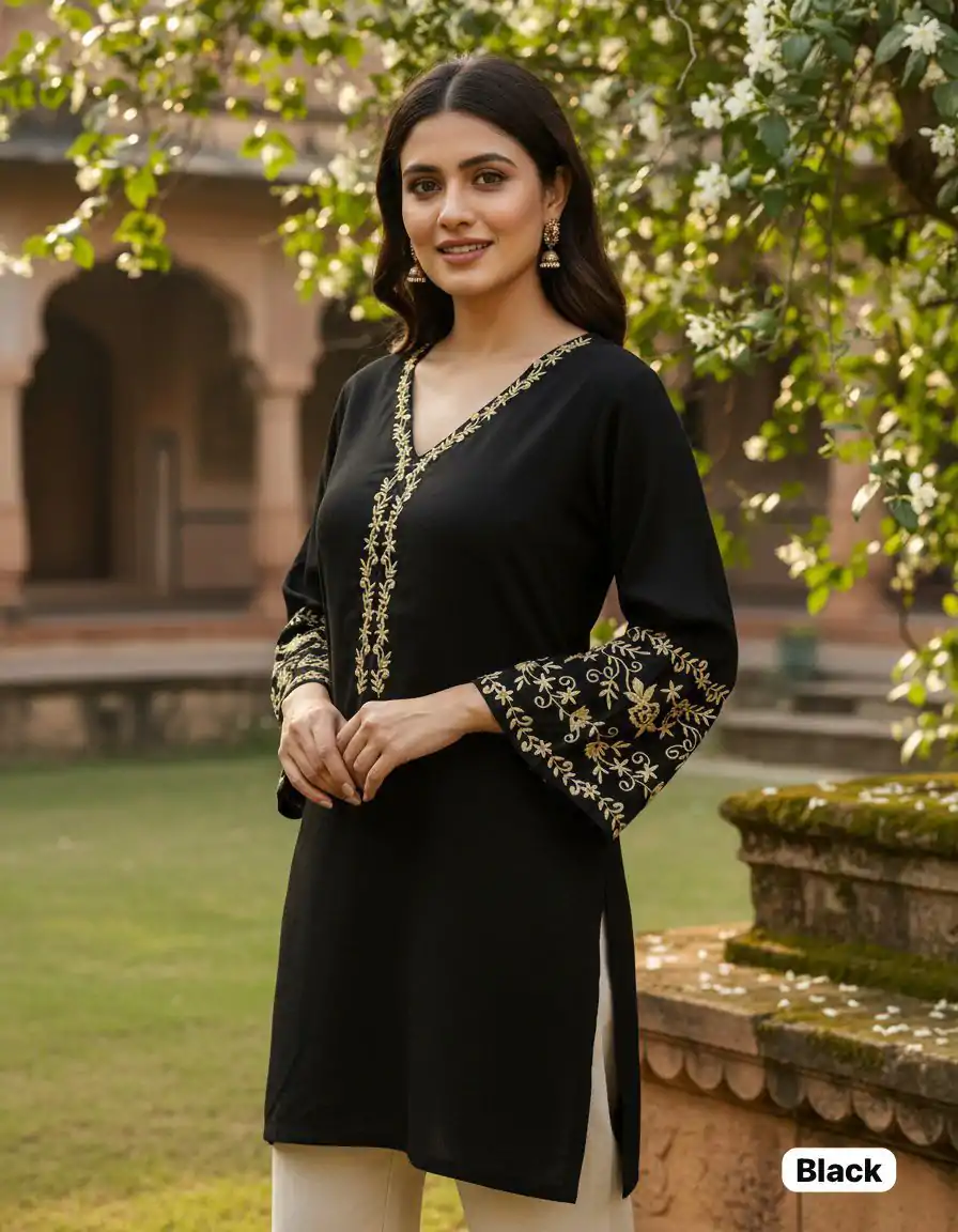 INLI Adaa 5.0 Black Rayon with Embroidery Work Kurti .Wedding, Party, Festive, Events, Best Price ₹1349. Delivery 4-6 Working Days. Shop now. | Kurti, Bollywood Kurti, Creative Kurtis, Designer Kurti, Party Wear Kurti, Selfie Kurti