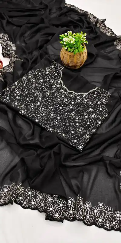 BT 12 Black Soft Star Georgette Silk with Embroidery Work & Mirror Work Saree . Exclusive Offer ₹1999. Delivery 4-6 Working Days. Shop now. | Designer Sarees, Embroidered Sarees, Sarees, Bollywood Sarees, Creative Sarees, Ethnic Saree, Modern Digital sarees, Party Wear Sarees