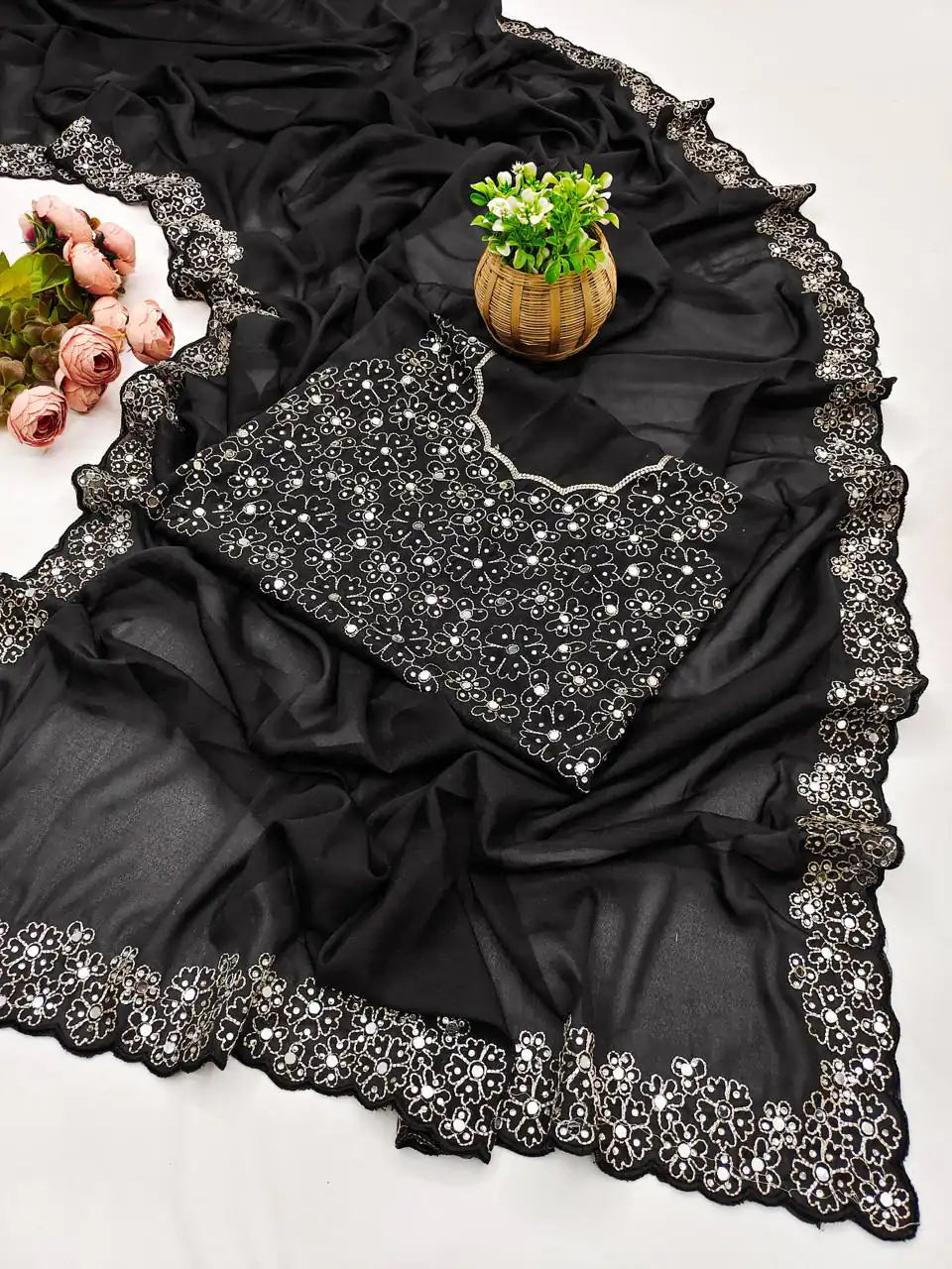 BT 12 Black Soft Star Georgette Silk with Embroidery Work & Mirror Work Saree . Exclusive Offer ₹1999. Delivery 4-6 Working Days. Shop now. | Designer Sarees, Embroidered Sarees, Sarees, Bollywood Sarees, Creative Sarees, Ethnic Saree, Modern Digital sarees, Party Wear Sarees