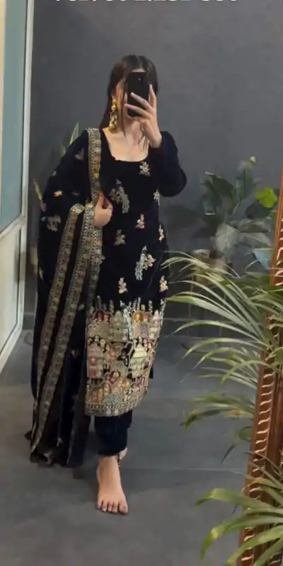 Black Viscose Velvet Embroidery Work Salwar Suit
