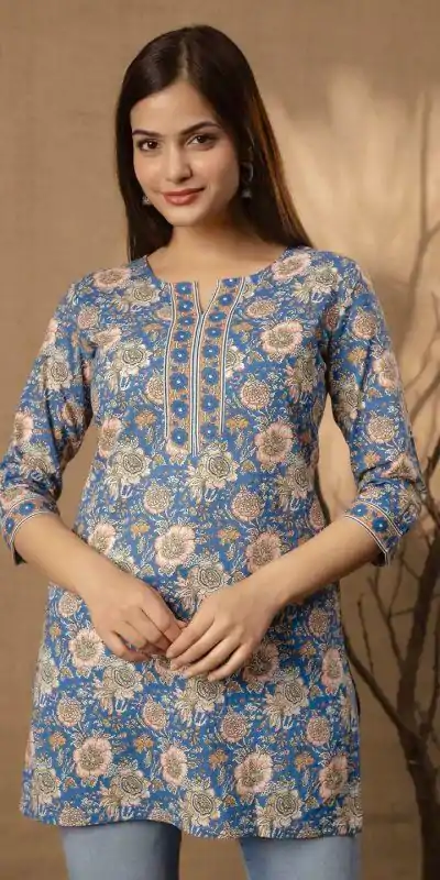 INLI Blush 2.0 Blue Cotton Printed Designer Work Kurti in . Wedding, Party, Festive, Events, Special Price ₹1269. Delivery 4-6 Working Days. Shop now. | Kurti, Bollywood Kurti, Creative Kurtis, Designer Kurti, Party Wear Kurti, Selfie Kurti