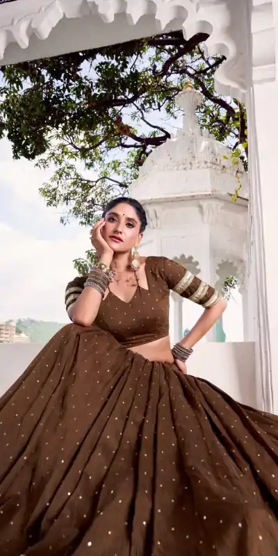 LNB 1664 Brown Pure Chanderi Lehenga Choli Perfect for Wedding, Party, Family Gatherings, Festival Celebrations, Grab it for ₹2999. Delivery 4-6 Days | Lehenga, Bollywood Lehenga, Creative Lehenga, Designer Lehenga, Embroidered Lehenga, Party Wear Lehenga