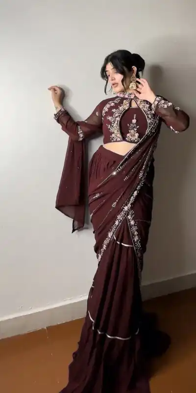 BE 280 Brown Georgette Lehenga Saree Perfect for Wedding, Party, Cultural Events, Housewarming, Ganesh Chaturthi . Affordable Price ₹2399. Delivery 4- | Lehenga, Bollywood Lehenga, Creative Lehenga, Designer Lehenga, Embroidered Lehenga, Party Wear Lehenga