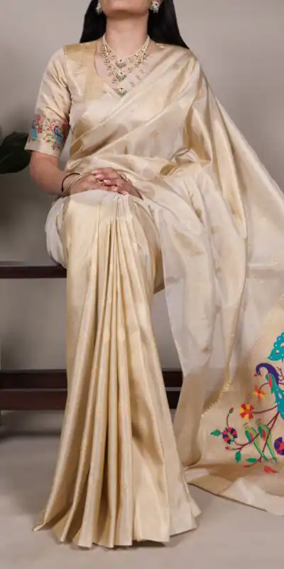 YNF 7905 Cream Tissue Paithani with Zari Work Saree .Wedding, Party, Festive, Events, Best Price ₹2399. Delivery 4-6 Working Days. Shop now. | Designer Sarees, Embroidered Sarees, Sarees, Bollywood Sarees, Creative Sarees, Ethnic Saree, Modern Digital sarees, Party Wear Sarees
