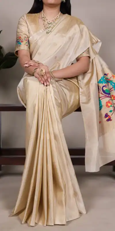 YNF 7905 Cream Tissue Paithani with Zari Work Saree .Wedding, Party, Festive, Events, Best Price ₹2399. Delivery 4-6 Working Days. Shop now. | Designer Sarees, Embroidered Sarees, Sarees, Bollywood Sarees, Creative Sarees, Ethnic Saree, Modern Digital sarees, Party Wear Sarees