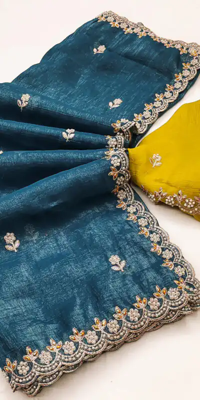 BT 1267 Firozi in Crunchy Chiffon Embroidery Work Saree . Wedding, Party, Festive, Events, Exclusive Offer ₹1749. Delivery 4-6 Working Days. Shop now. | Designer Sarees, Embroidered Sarees, Sarees, Bollywood Sarees, Creative Sarees, Ethnic Saree, Modern Digital sarees, Party Wear Sarees