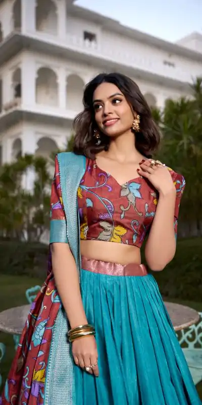 LNB 1231 Firozi Dola Silk Jacquard Silk Kalamkari Print & Zari Work Lehenga Choli in Best Price ₹1899. Delivery 4-6 Working Days. Shop now. | Lehenga, Bollywood Lehenga, Creative Lehenga, Designer Lehenga, Embroidered Lehenga, Party Wear Lehenga