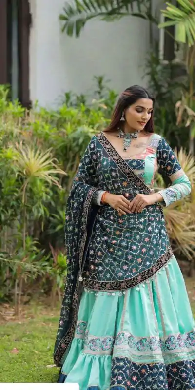 KF 1597 Firozi Silk with Cowrie Work & Embroidery Work Lehenga Choli . Grab it for ₹2599. Delivery 4-6 Working Days. Shop now. | Lehenga, Bollywood Lehenga, Creative Lehenga, Designer Lehenga, Embroidered Lehenga, Party Wear Lehenga