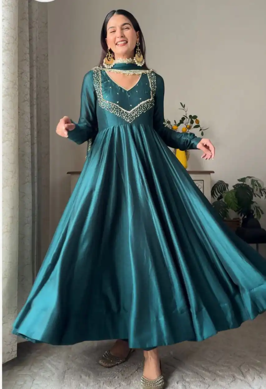 VLM 238 Firozi in Star Georgette. Lace Work Gown Wedding, Party, Festive, Events at ₹1999 only. Delivery 4-6 Working Days. Shop now. | Gowns, Bollywood Gowns, Creative Gowns, Designer Gowns, Embroidered Gowns, Party Wear Gowns