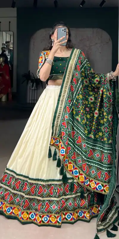 LNB 1735 Green in Tasar Silk Mirror Work & Gamthi Work Lehenga Choli . Get it for ₹2999. Delivery 4-6 Working Days. Shop now. | Lehenga, Bollywood Lehenga, Creative Lehenga, Designer Lehenga, Embroidered Lehenga, Party Wear Lehenga