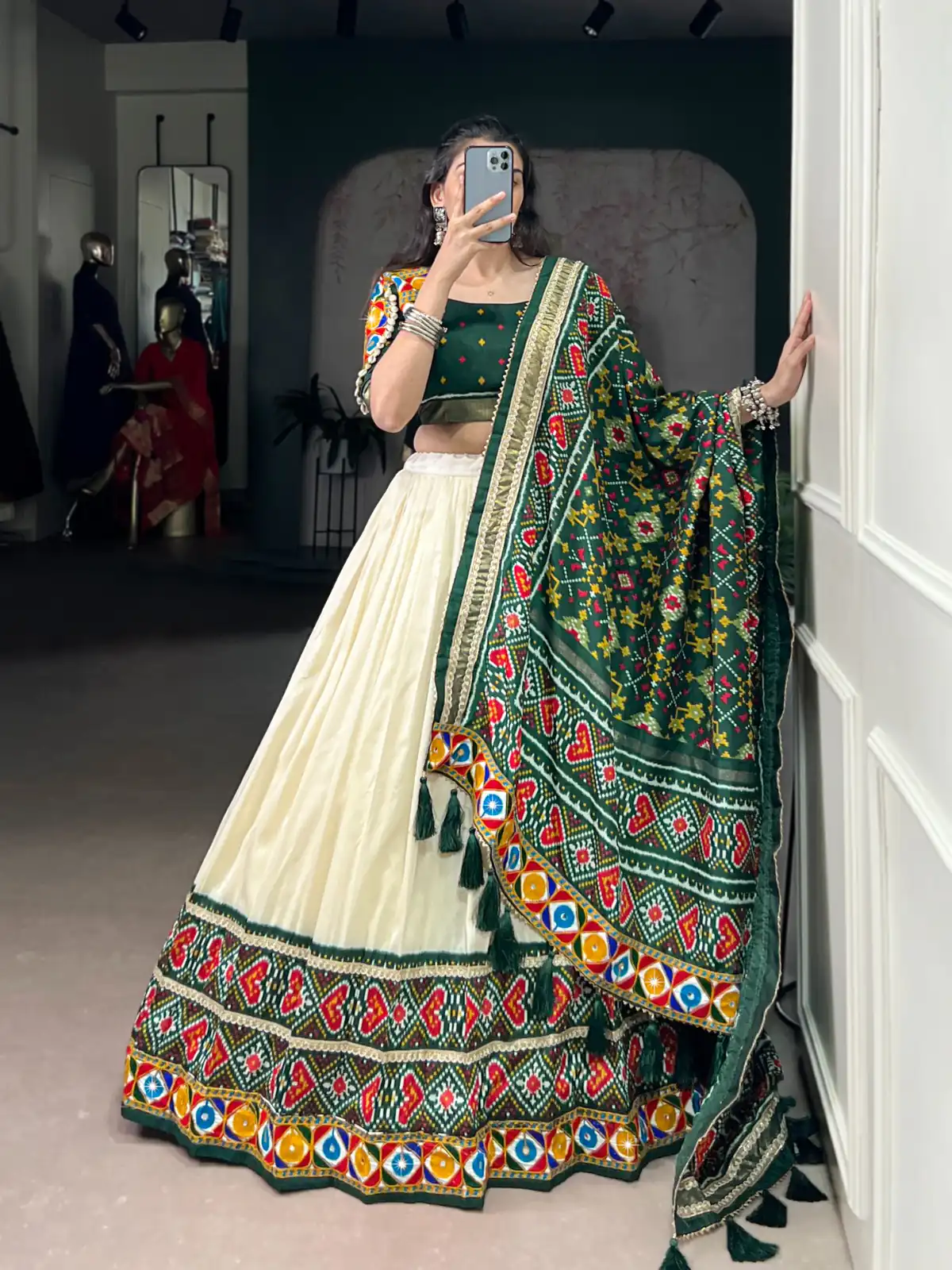 LNB 1735 Green in Tasar Silk Mirror Work & Gamthi Work Lehenga Choli . Get it for ₹2999. Delivery 4-6 Working Days. Shop now. | Lehenga, Bollywood Lehenga, Creative Lehenga, Designer Lehenga, Embroidered Lehenga, Party Wear Lehenga