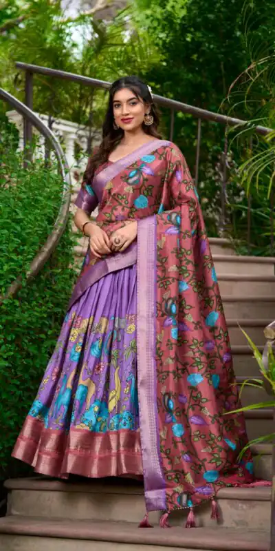 LNB 1222 Lavender Dola Silk With Kalamkari Print & Zari Work Lehenga Choli . Grab it for ₹1899. Delivery 4-6 Working Days. Shop now. | Lehenga, Bollywood Lehenga, Creative Lehenga, Designer Lehenga, Embroidered Lehenga, Party Wear Lehenga