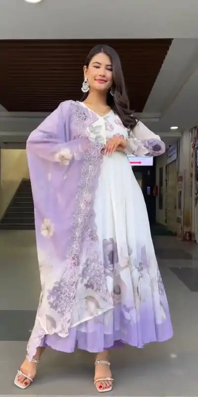 SR 1686 Lavender Faux Georgette With Embroidery Sequence Work With Fully Flair Gown Perfect for Wedding, Party, 4-6 Working Days At 2049 Only | Gowns, Bollywood Gowns, Creative Gowns, Designer Gowns, Embroidered Gowns, Party Wear Gowns