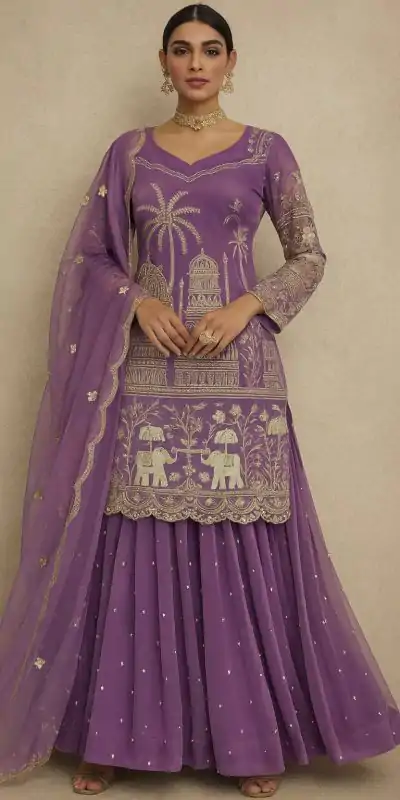 Lavender Twill Net With Embroidery Work Salwar Suit