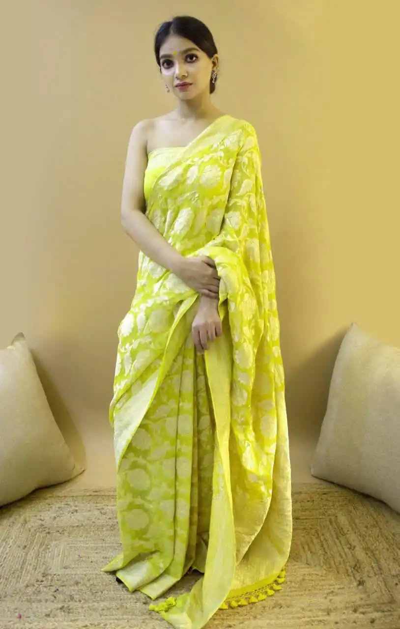 KP 1073 Light Yellow Soft Lichi Silk Saree Perfect for Wedding, Party, Sangeet, Ethnic Day, Festival Celebrations Get it for ₹1399. Delivery 4-6 Working Da | Designer Sarees, Embroidered Sarees, Sarees, Bollywood Sarees, Creative Sarees, Ethnic Saree, Modern Digital sarees, Party Wear Sarees
