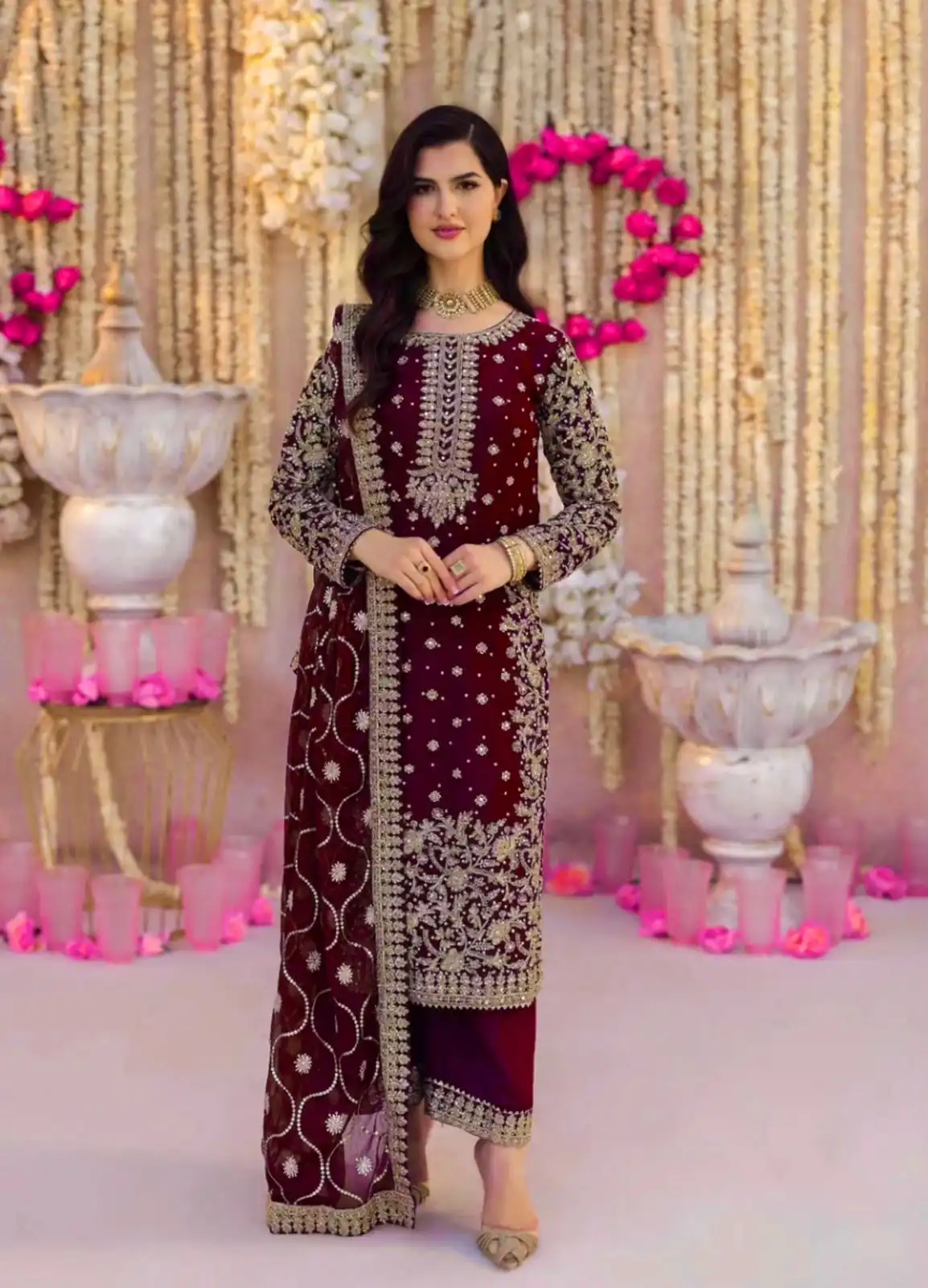 SRK 5238 Maroon Faux Georgette With 5mm Embroidery Sequence Work with Beads Work Wedding, Party, Festive, Events, 4-6 Working Days At 2399 | Casual Suits, Jump Suits, Salwar suit, Creative suits, Designer Suits, Palazzo Suits, Party Wear Suits, Patiala Suits, Straight Suits