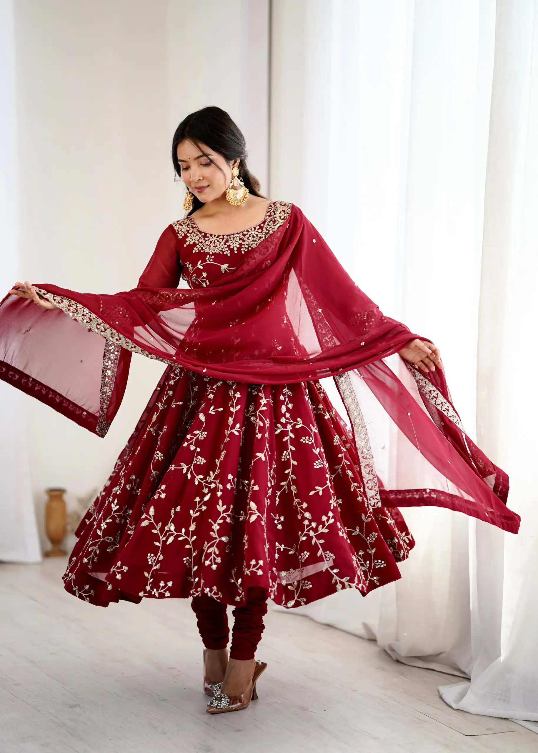 SRK 5299 Maroon Faux Georgette With Sequence Work Perfect for Wedding, Party, Temple Visit, Ganesh Chaturthi Festive, Events, 4-6 Working Days At 2149 | Gowns, Bollywood Gowns, Creative Gowns, Designer Gowns, Embroidered Gowns, Party Wear Gowns