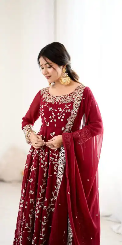 SRK 5299 Maroon Faux Georgette With Sequence Work Perfect for Wedding, Party, Temple Visit, Ganesh Chaturthi Festive, Events, 4-6 Working Days At 2149 | Gowns, Bollywood Gowns, Creative Gowns, Designer Gowns, Embroidered Gowns, Party Wear Gowns