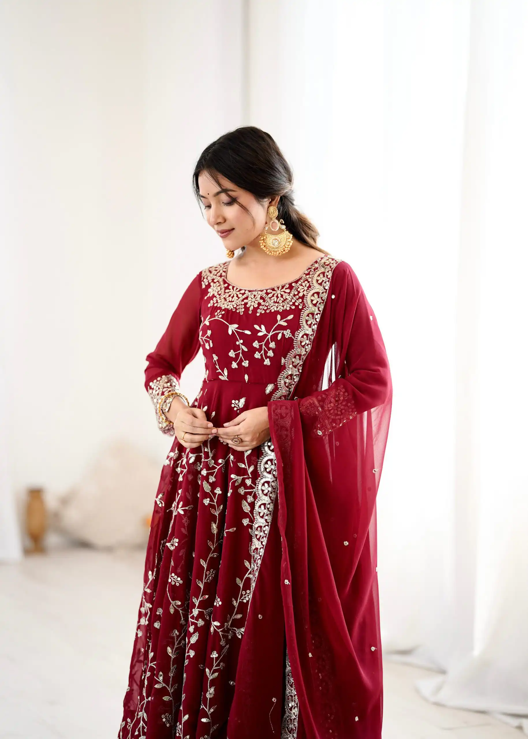 SRK 5299 Maroon Faux Georgette With Sequence Work Perfect for Wedding, Party, Temple Visit, Ganesh Chaturthi Festive, Events, 4-6 Working Days At 2149 | Gowns, Bollywood Gowns, Creative Gowns, Designer Gowns, Embroidered Gowns, Party Wear Gowns