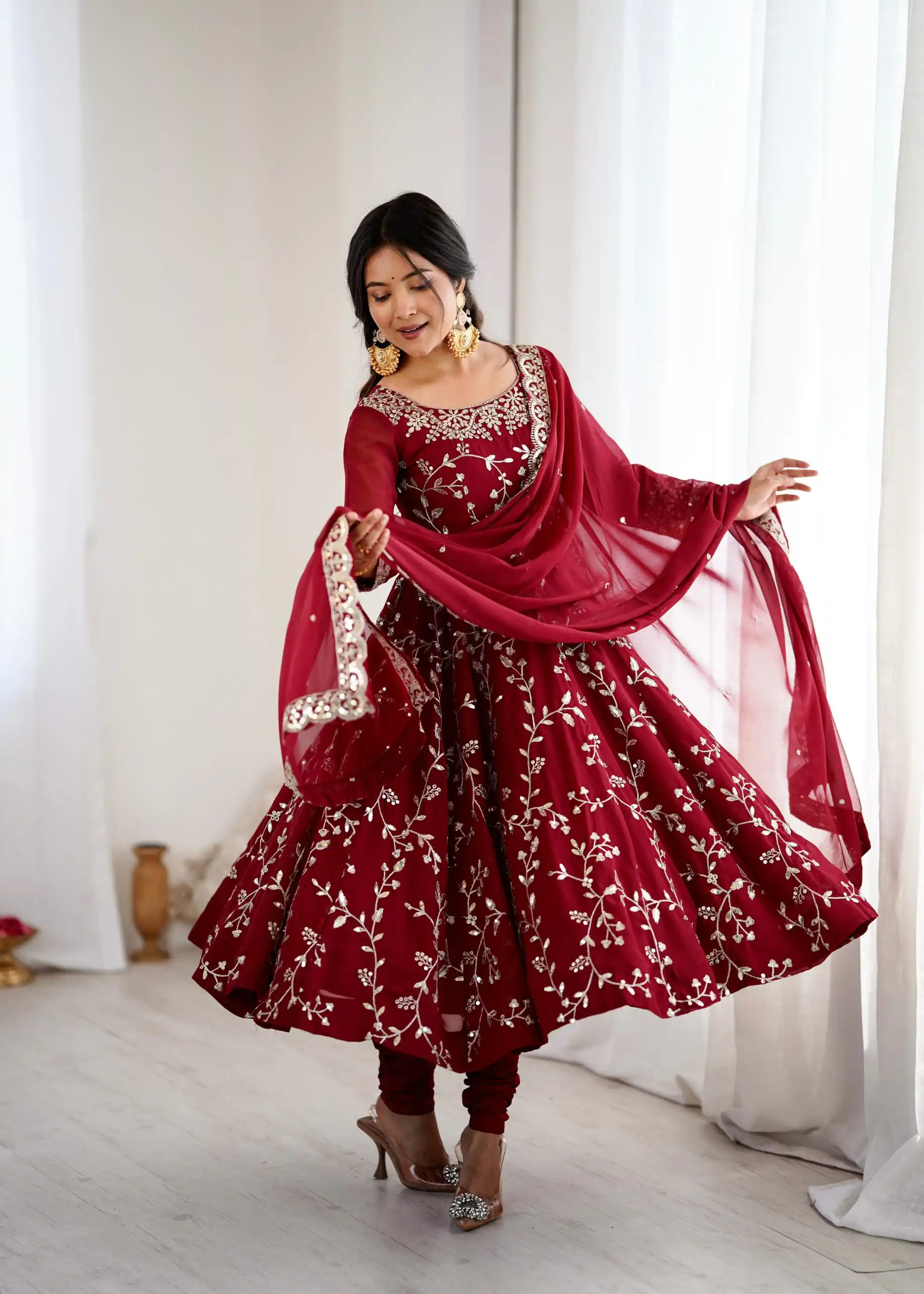 SRK 5299 Maroon Faux Georgette With Sequence Work Perfect for Wedding, Party, Temple Visit, Ganesh Chaturthi Festive, Events, 4-6 Working Days At 2149 | Gowns, Bollywood Gowns, Creative Gowns, Designer Gowns, Embroidered Gowns, Party Wear Gowns