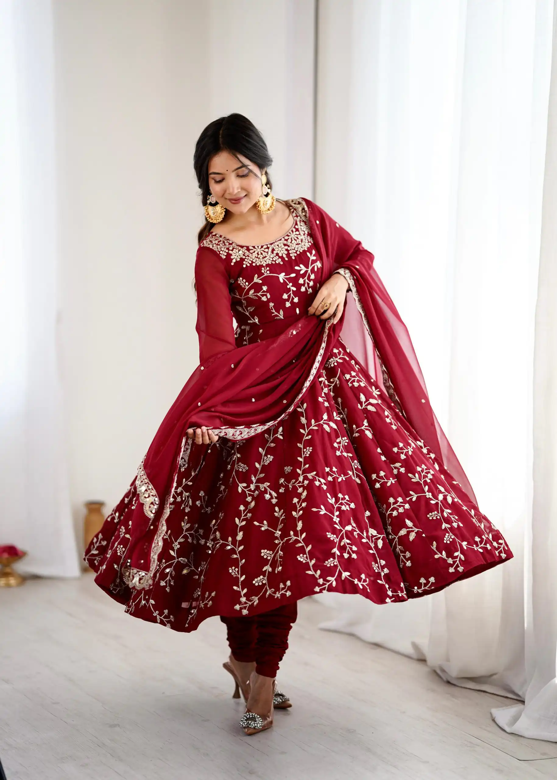 SRK 5299 Maroon Faux Georgette With Sequence Work Perfect for Wedding, Party, Temple Visit, Ganesh Chaturthi Festive, Events, 4-6 Working Days At 2149 | Gowns, Bollywood Gowns, Creative Gowns, Designer Gowns, Embroidered Gowns, Party Wear Gowns