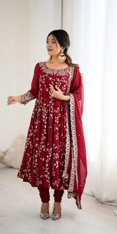 SRK 5299 Maroon Faux Georgette With Sequence Work Perfect for Wedding, Party, Temple Visit, Ganesh Chaturthi Festive, Events, 4-6 Working Days At 2149 | Gowns, Bollywood Gowns, Creative Gowns, Designer Gowns, Embroidered Gowns, Party Wear Gowns