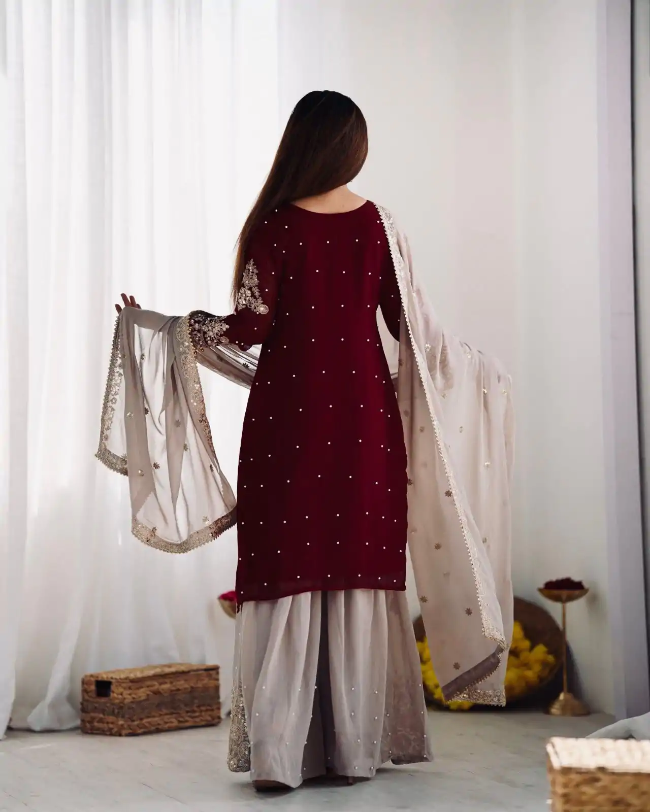 SR 1676 Maroon Heavy Faux Georgette With Heavy Embroidery Perfect for Wedding, Party, Ethnic Day, Reception, Diwali 4-6 Working Days At 2049/- Only | Casual Suits, Jump Suits, Salwar suit, Creative suits, Designer Suits, Palazzo Suits, Party Wear Suits, Patiala Suits, Straight Suits