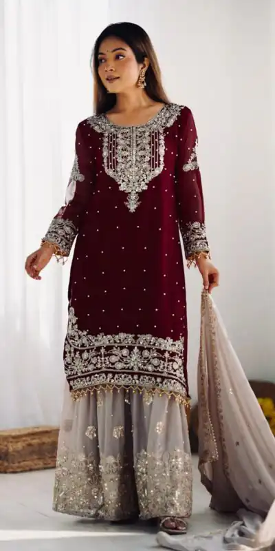 SR 1676 Maroon Heavy Faux Georgette With Heavy Embroidery Perfect for Wedding, Party, Ethnic Day, Reception, Diwali 4-6 Working Days At 2049/- Only | Casual Suits, Jump Suits, Salwar suit, Creative suits, Designer Suits, Palazzo Suits, Party Wear Suits, Patiala Suits, Straight Suits