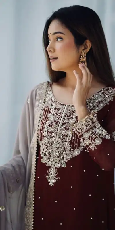 SR 1676 Maroon Heavy Faux Georgette With Heavy Embroidery Perfect for Wedding, Party, Ethnic Day, Reception, Diwali 4-6 Working Days At 2049/- Only | Casual Suits, Jump Suits, Salwar suit, Creative suits, Designer Suits, Palazzo Suits, Party Wear Suits, Patiala Suits, Straight Suits