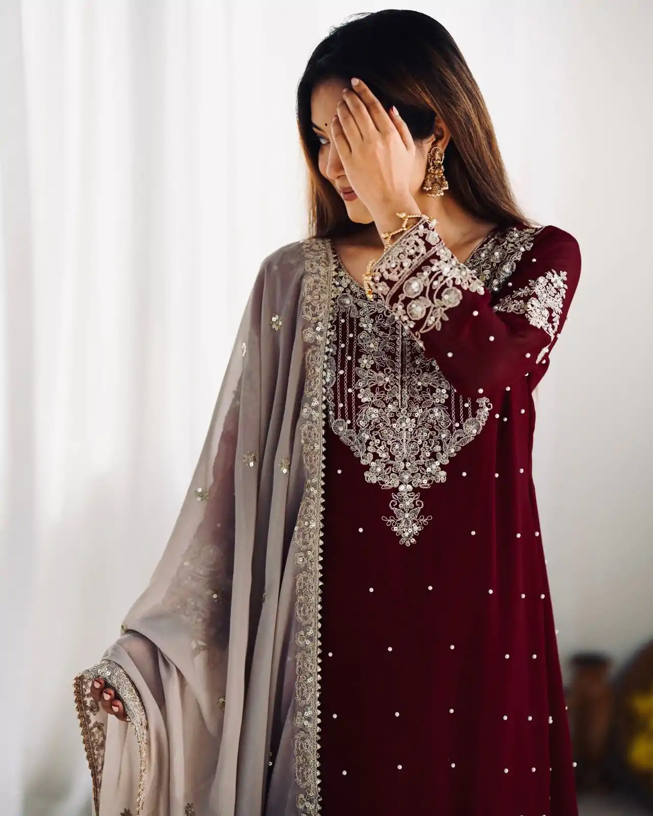 SR 1676 Maroon Heavy Faux Georgette With Heavy Embroidery Perfect for Wedding, Party, Ethnic Day, Reception, Diwali 4-6 Working Days At 2049/- Only | Casual Suits, Jump Suits, Salwar suit, Creative suits, Designer Suits, Palazzo Suits, Party Wear Suits, Patiala Suits, Straight Suits