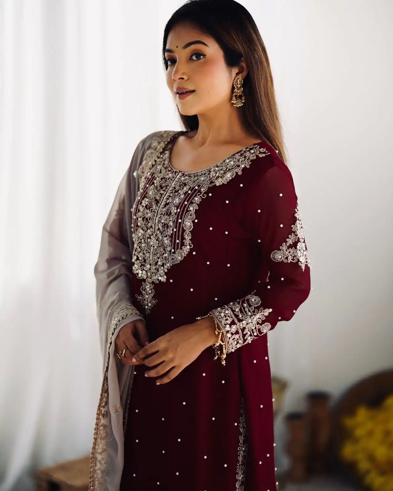 SR 1676 Maroon Heavy Faux Georgette With Heavy Embroidery Perfect for Wedding, Party, Ethnic Day, Reception, Diwali 4-6 Working Days At 2049/- Only | Casual Suits, Jump Suits, Salwar suit, Creative suits, Designer Suits, Palazzo Suits, Party Wear Suits, Patiala Suits, Straight Suits