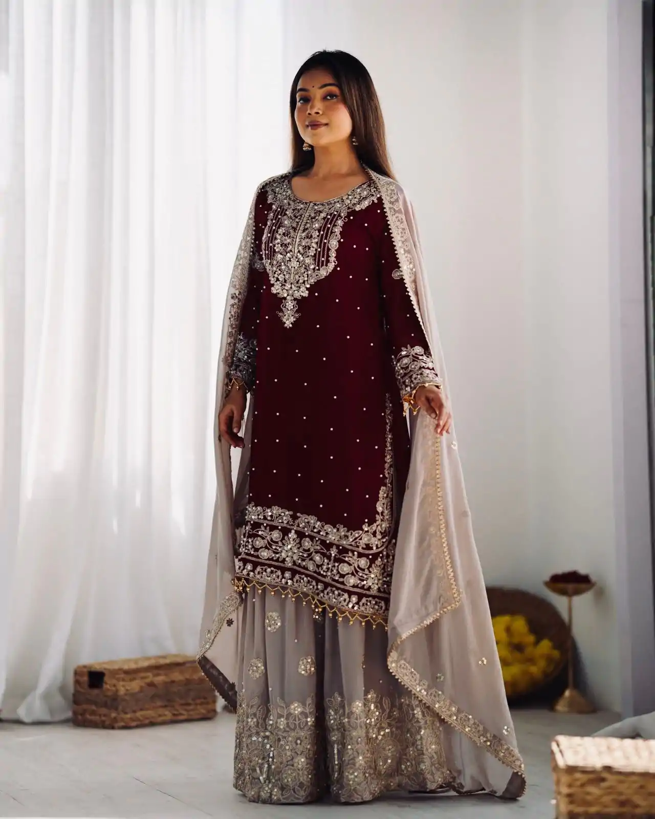 SR 1676 Maroon Heavy Faux Georgette With Heavy Embroidery Perfect for Wedding, Party, Ethnic Day, Reception, Diwali 4-6 Working Days At 2049/- Only | Casual Suits, Jump Suits, Salwar suit, Creative suits, Designer Suits, Palazzo Suits, Party Wear Suits, Patiala Suits, Straight Suits