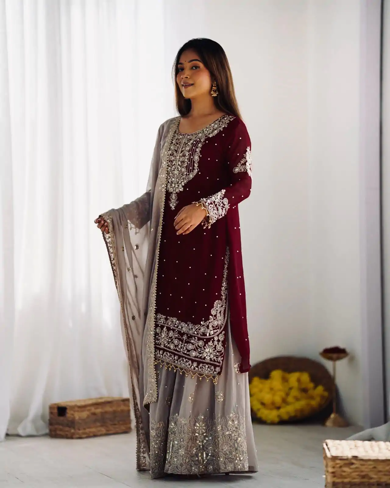 SR 1676 Maroon Heavy Faux Georgette With Heavy Embroidery Perfect for Wedding, Party, Ethnic Day, Reception, Diwali 4-6 Working Days At 2049/- Only | Casual Suits, Jump Suits, Salwar suit, Creative suits, Designer Suits, Palazzo Suits, Party Wear Suits, Patiala Suits, Straight Suits