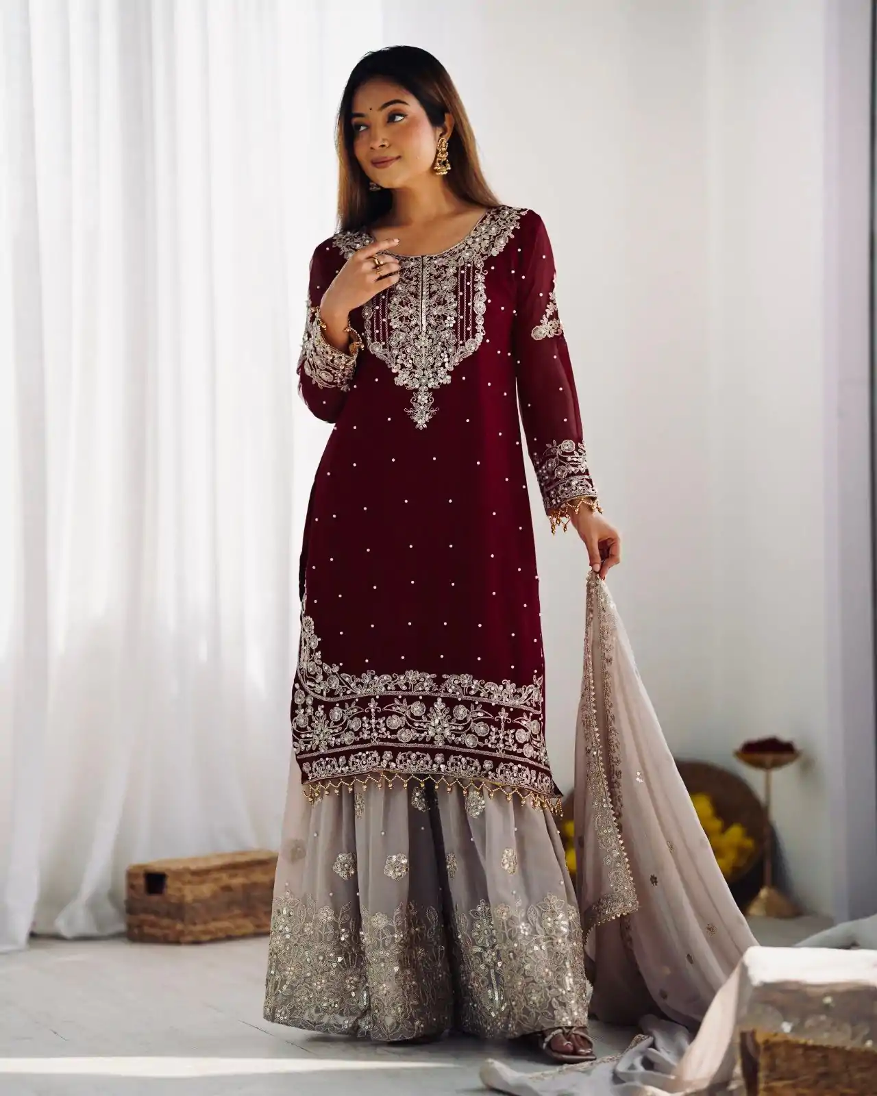 SR 1676 Maroon Heavy Faux Georgette With Heavy Embroidery Perfect for Wedding, Party, Ethnic Day, Reception, Diwali 4-6 Working Days At 2049/- Only | Casual Suits, Jump Suits, Salwar suit, Creative suits, Designer Suits, Palazzo Suits, Party Wear Suits, Patiala Suits, Straight Suits