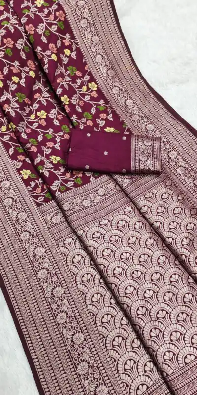 MB 96 Maroon Color Khaddi Pashmina with Zari Work & Lace Work Saree . Now at just ₹1999. Delivery 4-6 Working Days. Shop now. | Designer Sarees, Embroidered Sarees, Sarees, Bollywood Sarees, Creative Sarees, Ethnic Saree, Modern Digital sarees, Party Wear Sarees