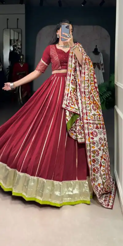 LNB 1658 Maroon Pure Chanderi with Zari Work & Gotta Patti Work Lehenga Choli . Introductory Price ₹3199. Delivery 4-6 Working Days. Shop now. | Lehenga, Bollywood Lehenga, Creative Lehenga, Designer Lehenga, Embroidered Lehenga, Party Wear Lehenga