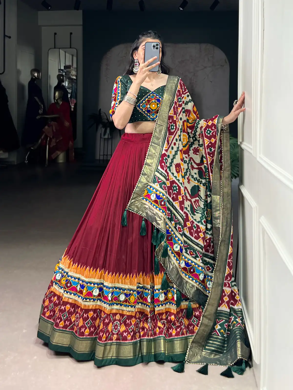 LNB 1727 Maroon Tasar Silk With Gamthi Work & Mirror Work. Get it for Lehenga Choli ₹2999. Delivery 4-6 Working Days. Shop now. | Lehenga, Bollywood Lehenga, Creative Lehenga, Designer Lehenga, Embroidered Lehenga, Party Wear Lehenga