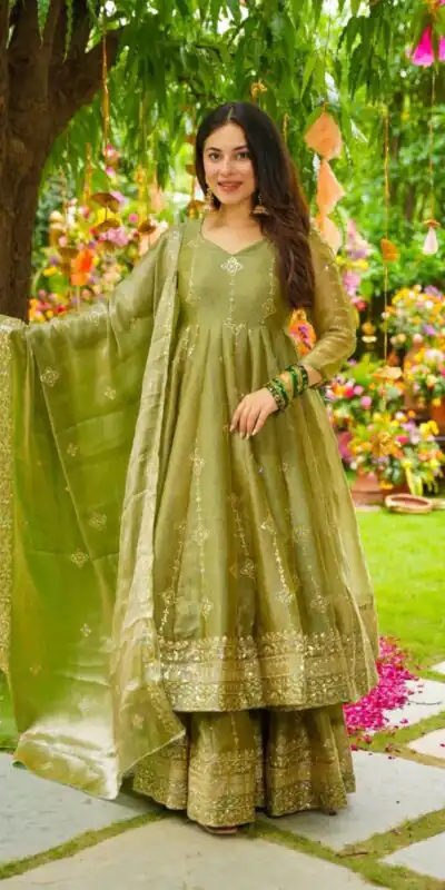 SSR 526 Mehandi Crunchy Silk With Heavy Embroidery Sequence Work With Fully Flair Salwar Suit Wedding, Party, Festive, Events, Now at just ₹2399. Delivery 4 | Casual Suits, Jump Suits, Tops & Bottoms, Track Suits, Salwar suit, Creative suits, Designer Suits, Palazzo Suits, Party Wear Suits, Patiala Suits, Straight Suits, Trendy Wear