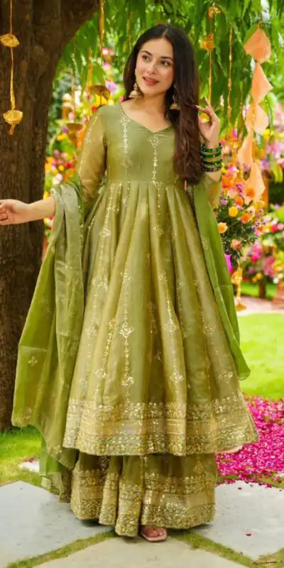 SSR 526 Mehandi Crunchy Silk With Heavy Embroidery Sequence Work With Fully Flair Salwar Suit Wedding, Party, Festive, Events, Now at just ₹2399. Delivery 4 | Casual Suits, Jump Suits, Tops & Bottoms, Track Suits, Salwar suit, Creative suits, Designer Suits, Palazzo Suits, Party Wear Suits, Patiala Suits, Straight Suits, Trendy Wear