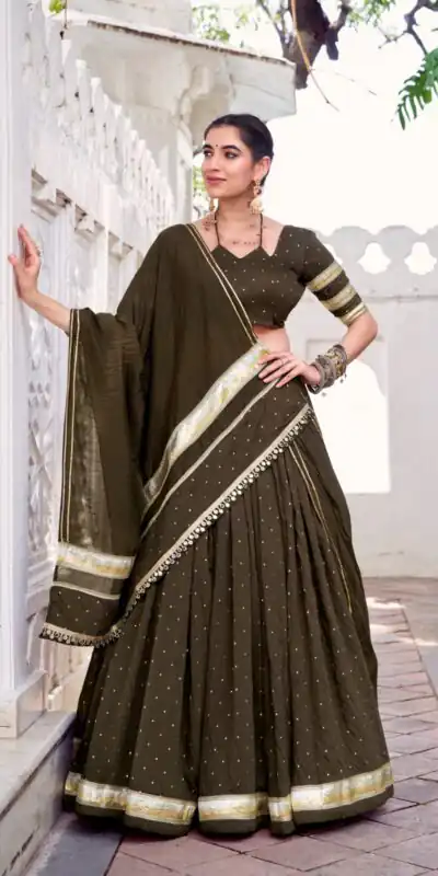 LNB 1664 Mehendi Pure Chanderi Lehenga Choli Perfect for Wedding, Party, Family Gatherings, Festival Celebrations, Grab it for ₹2999. Delivery 4-6 Days | Lehenga, Bollywood Lehenga, Creative Lehenga, Designer Lehenga, Embroidered Lehenga, Party Wear Lehenga