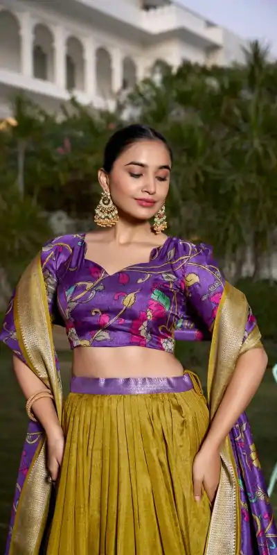 LNB 1231 Mustard Dola Silk Jacquard Silk Kalamkari Print & Zari Work Lehenga Choli in Best Price ₹1899. Delivery 4-6 Working Days. Shop now. | Lehenga, Bollywood Lehenga, Creative Lehenga, Designer Lehenga, Embroidered Lehenga, Party Wear Lehenga