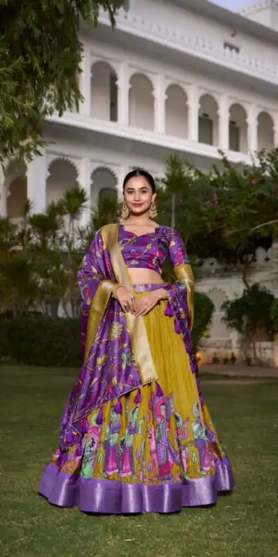 LNB 1231 Mustard Dola Silk Jacquard Silk Kalamkari Print & Zari Work Lehenga Choli in Best Price ₹1899. Delivery 4-6 Working Days. Shop now. | Lehenga, Bollywood Lehenga, Creative Lehenga, Designer Lehenga, Embroidered Lehenga, Party Wear Lehenga