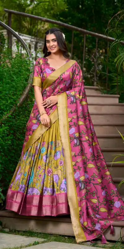 LNB 1222 Mustard Dola Silk With Kalamkari Print & Zari Work Lehenga Choli . Grab it for ₹1899. Delivery 4-6 Working Days. Shop now. | Lehenga, Bollywood Lehenga, Creative Lehenga, Designer Lehenga, Embroidered Lehenga, Party Wear Lehenga