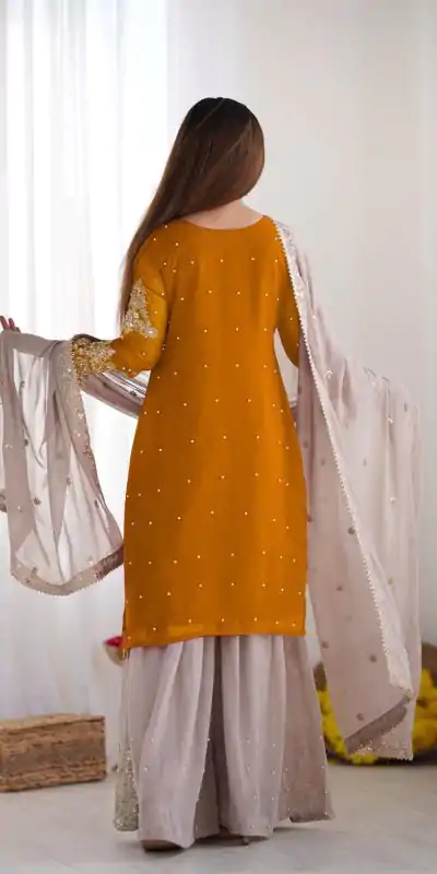 SR 1676 Mustard Heavy Faux Georgette With Heavy Embroidery Perfect for Wedding, Party, Ethnic Day, Reception, Diwali 4-6 Working Days At 2049/- Only | Casual Suits, Jump Suits, Salwar suit, Creative suits, Designer Suits, Palazzo Suits, Party Wear Suits, Patiala Suits, Straight Suits