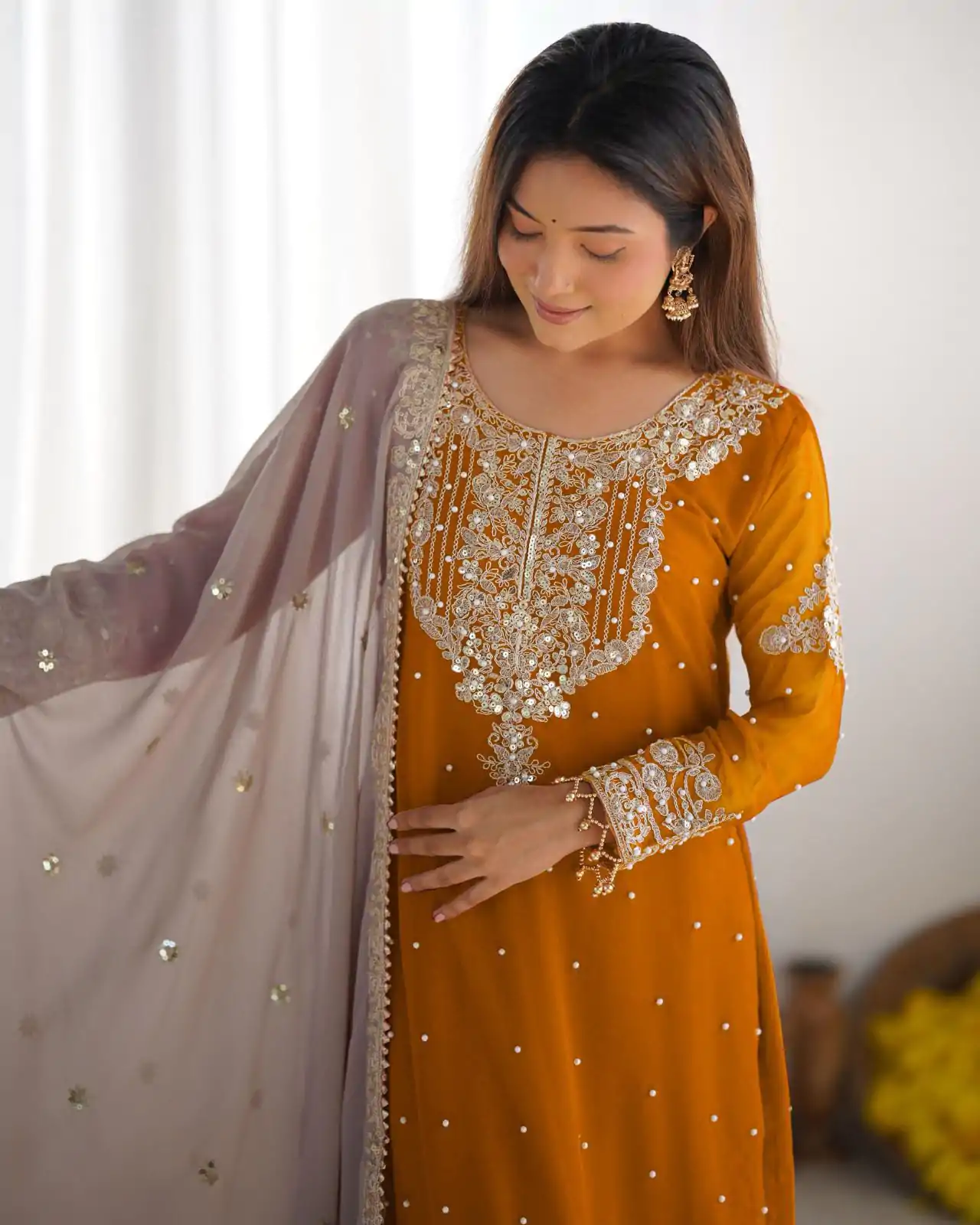 SR 1676 Mustard Heavy Faux Georgette With Heavy Embroidery Perfect for Wedding, Party, Ethnic Day, Reception, Diwali 4-6 Working Days At 2049/- Only | Casual Suits, Jump Suits, Salwar suit, Creative suits, Designer Suits, Palazzo Suits, Party Wear Suits, Patiala Suits, Straight Suits