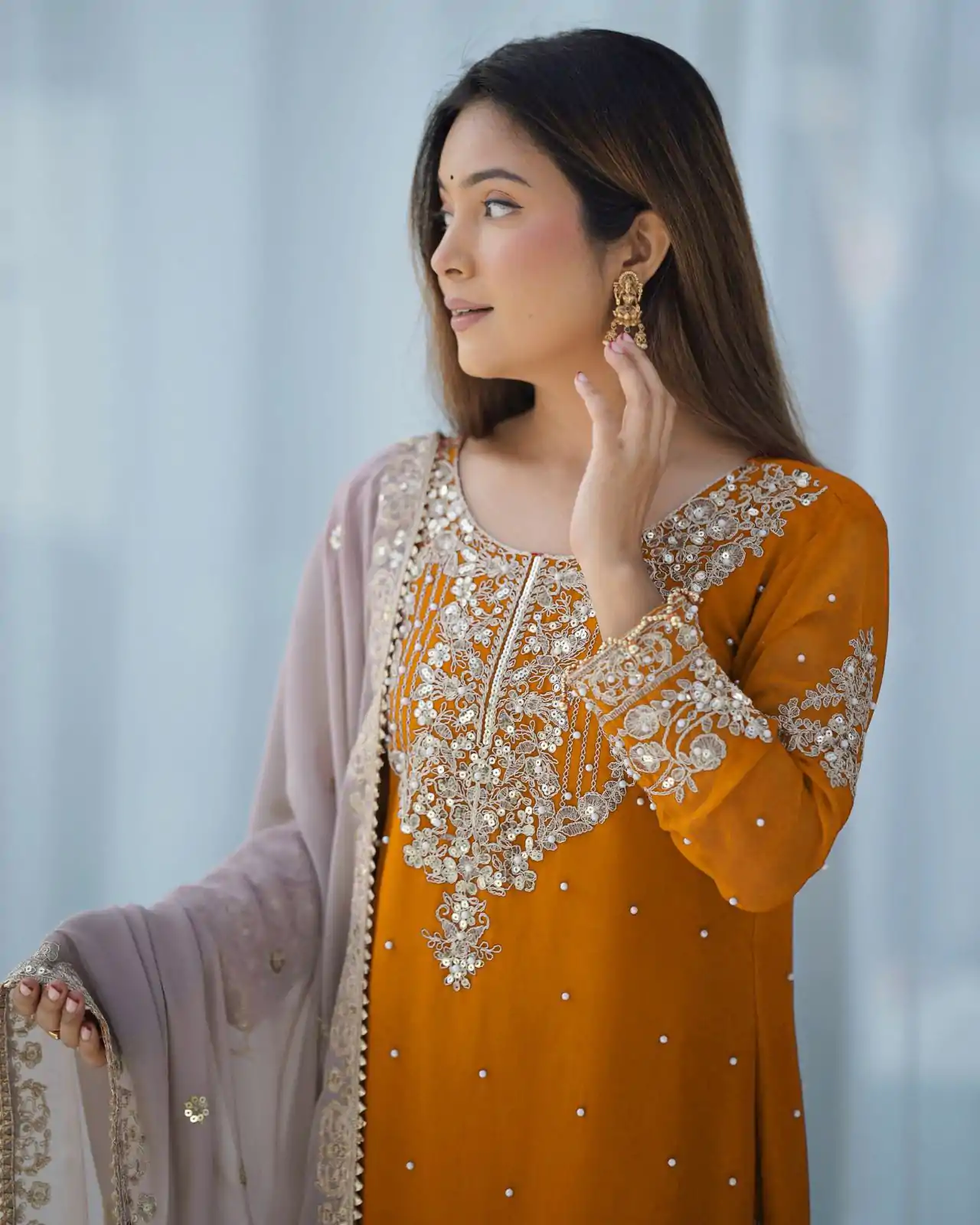 SR 1676 Mustard Heavy Faux Georgette With Heavy Embroidery Perfect for Wedding, Party, Ethnic Day, Reception, Diwali 4-6 Working Days At 2049/- Only | Casual Suits, Jump Suits, Salwar suit, Creative suits, Designer Suits, Palazzo Suits, Party Wear Suits, Patiala Suits, Straight Suits