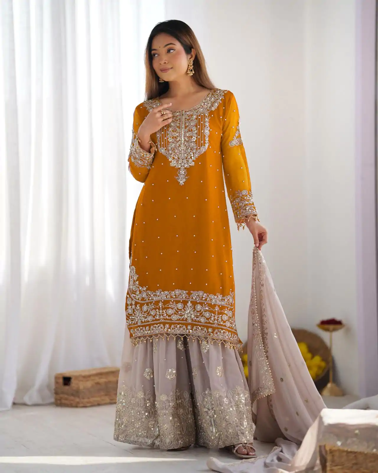 SR 1676 Mustard Heavy Faux Georgette With Heavy Embroidery Perfect for Wedding, Party, Ethnic Day, Reception, Diwali 4-6 Working Days At 2049/- Only | Casual Suits, Jump Suits, Salwar suit, Creative suits, Designer Suits, Palazzo Suits, Party Wear Suits, Patiala Suits, Straight Suits